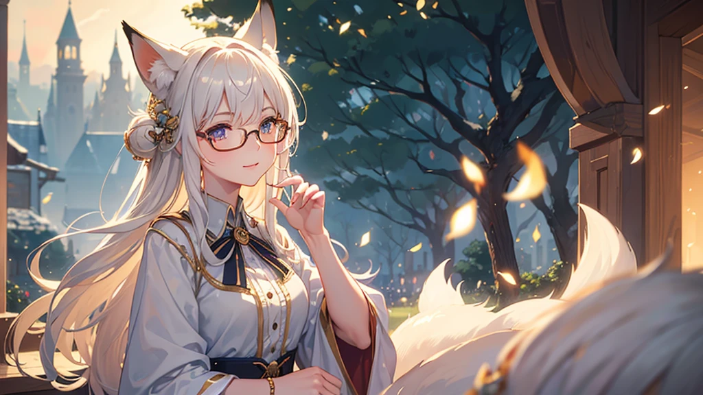 ((Best quality)), ((masterpiece)), (detailed), best quality,8K,original photo,This is a perfect face,Fox-eared maiden,touch fox,Castle Background, Liveliness. Carefree happy joy bokeh background. Quiet aesthetics. Soft lighting. Artistic Lighting. wearing glasses