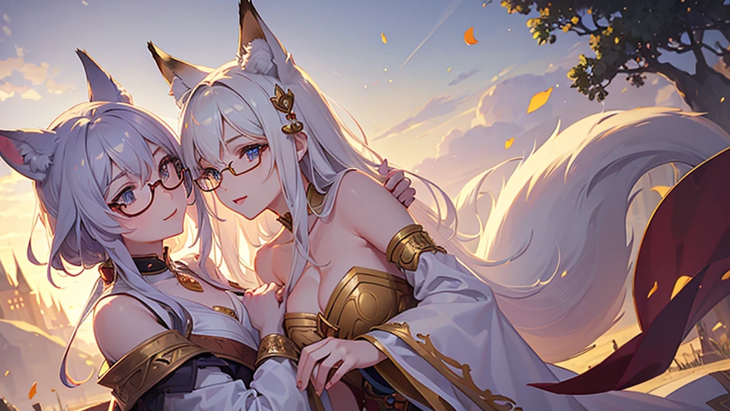 ((Best quality)), ((masterpiece)), (detailed), best quality，8K，original photo，This is a perfect face，Fox-eared maiden，touch fox，Castle Background， Liveliness. Carefree happy joy bokeh background. Quiet aesthetics. Soft lighting. Artistic Lighting. wearing glasses