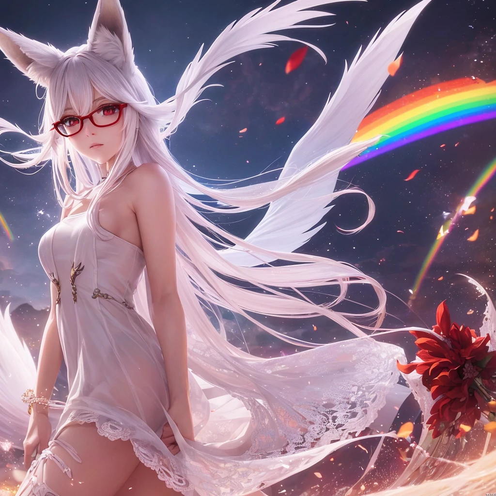 best quality, 8K, original photo, Ridiculous, Extremely detailed, Fox-eared maiden，baby face, No makeup, Provocative expressions，slim, Perfect proportion, White straight hair, (wind, wind-effect), Red Eyes, Various visual styles for backgrounds，combines various artistic elements，like a sparkling iridescent rainbow，Fox tail，Lace dress，wearing glasses