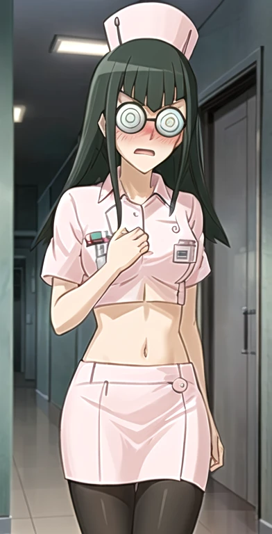 CC, 1girl, solo, blushing, embarrassed, nervous, nurse outfit, short sleeves, ((midriff)), navel, ((bare midriff)), ((crop top)), (underboob), nurse hat, short skirt, pantyhose, glasses, perfect quality, good quality, masterpiece, HDR, UHD