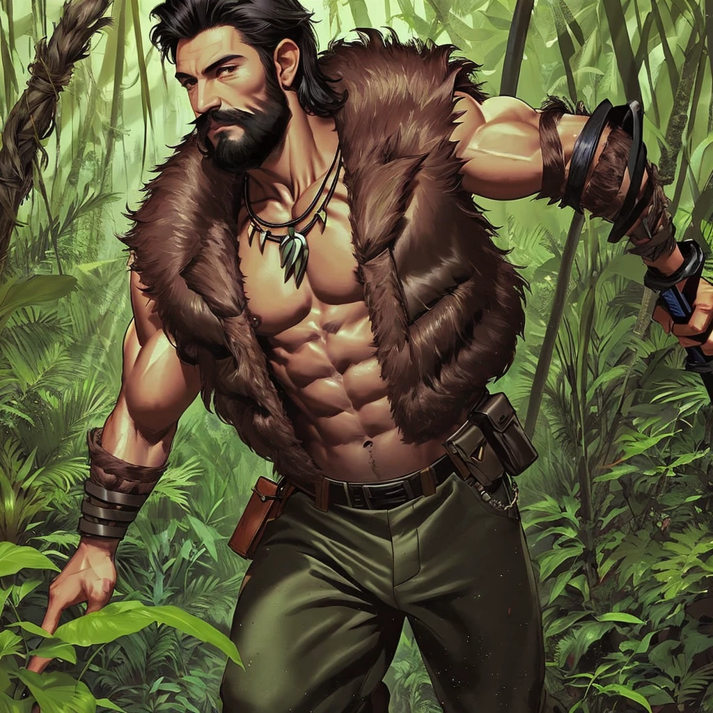 a man walking in a jungle 1boy, male focus, solo, facial hair, black hair, muscular, beard, holding, weapon, abs, manly, necklace, mustache