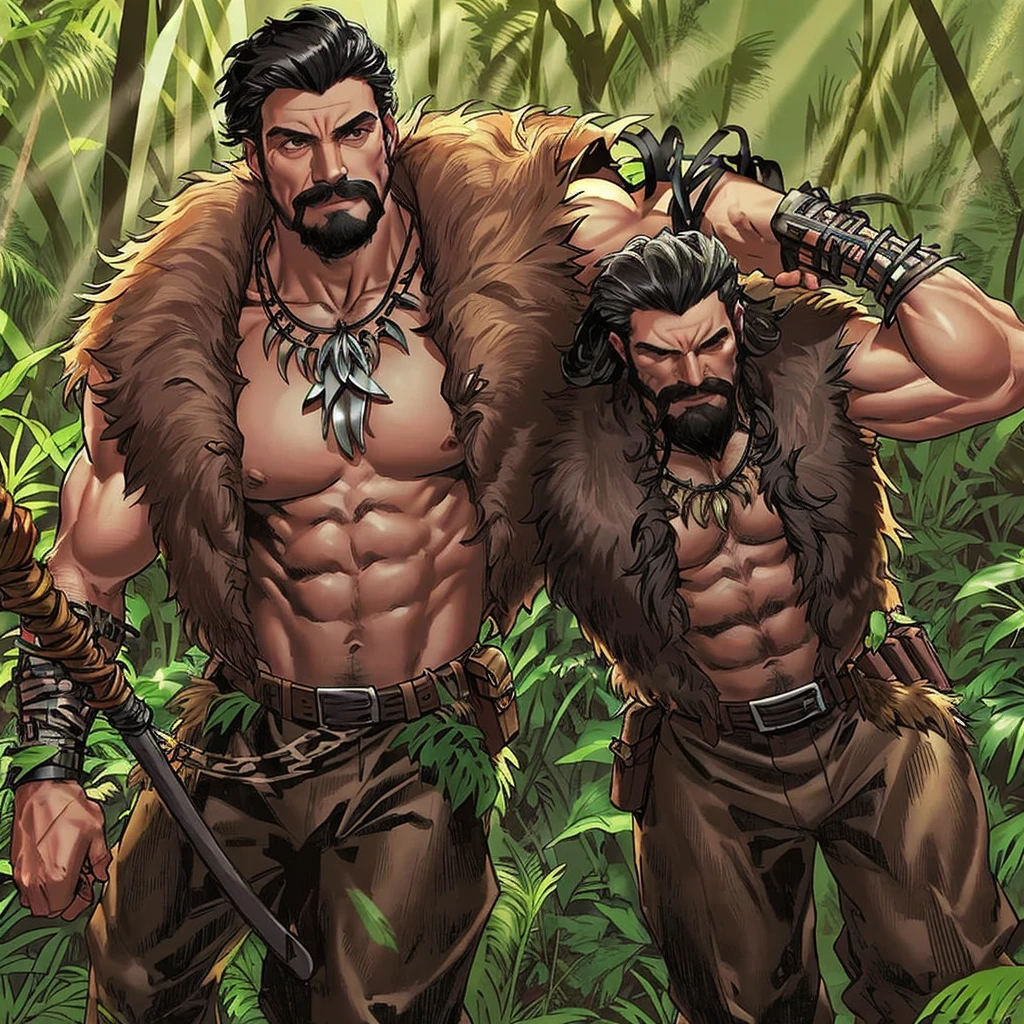 a man walking in a jungle 1boy, male focus, solo, facial hair, black hair, muscular, beard, holding, weapon, abs, manly, necklace, mustache