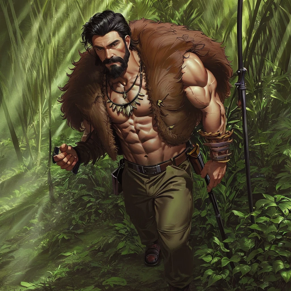 a man walking in a jungle 1boy, male focus, solo, facial hair, black hair, muscular, beard, holding, weapon, abs, manly, necklace, mustache