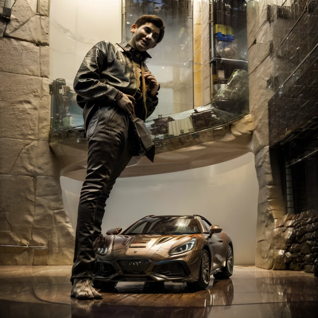 A male protagonist looks up from the large floor-to-ceiling windows of a super-tall skyscraper,Seeing the colors of happiness outside, futuristic city,Many people have pets, Different luxury cars, there are different types of people, Live together, There is a male protagonist