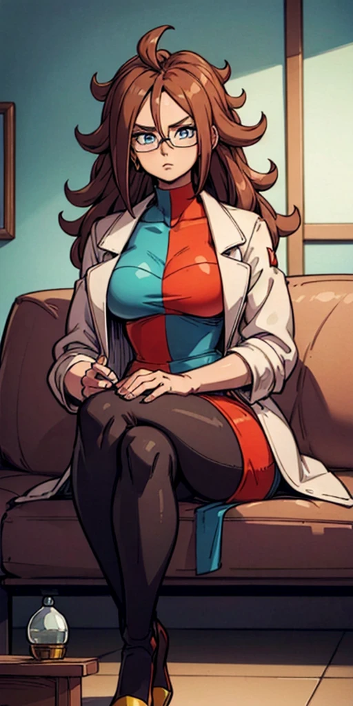 android 21, cups, long brown hair, blue colored eyes, plaid dress, lab coat, pantyhose, gazing at viewer, serious, sitting down, he sofa, cross legs, cozy living room, light bulb, high qualiy, work of art, 