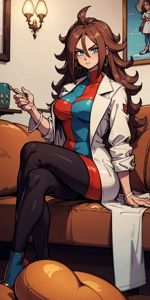 android 21, cups, long brown hair, blue colored eyes, plaid dress, lab coat, pantyhose, gazing at viewer, serious, sitting down, he sofa, cross legs, cozy living room, light bulb, high qualiy, work of art, 