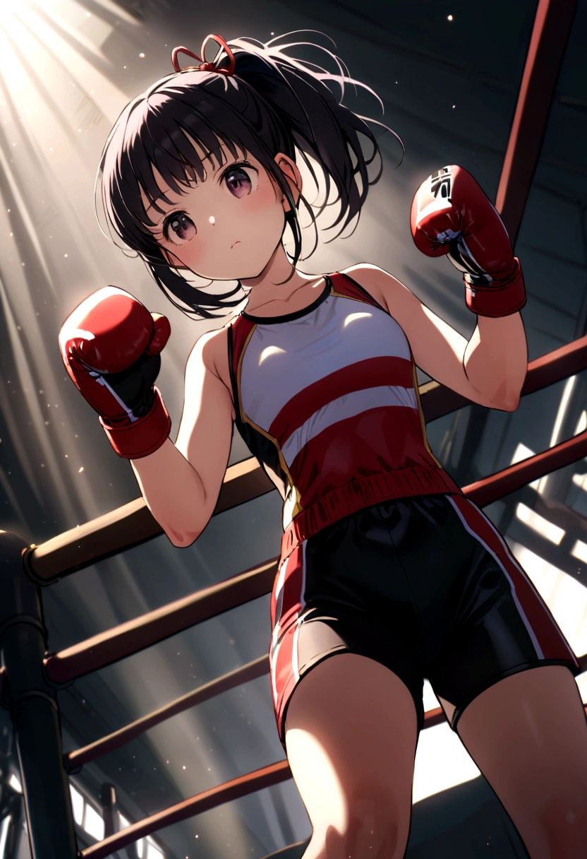 Kanao Tsuyuri in a boxing uniform stands in the center of the ring wearing tight shorts and a top and gloves