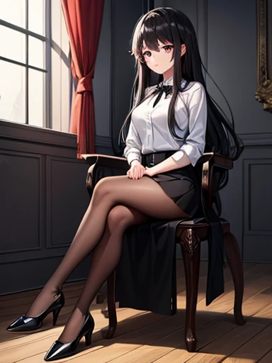Highest quality、girl、Long black hair、Black business suit、Black tie、Black Skirt、Black Stockings、Black pumps、whole body、Sitting in a chair、indoor