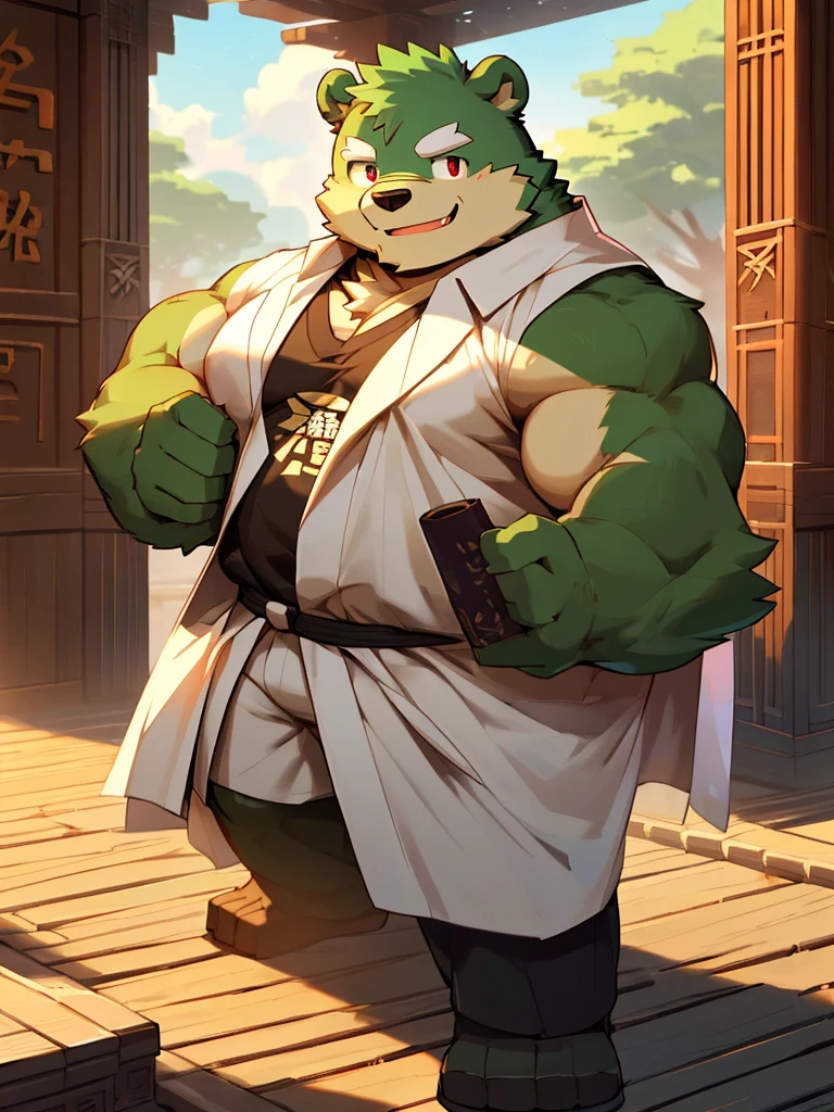 {{masterpiece, best quality, extremely detailed CG, unity 8k wallpaper, cinematic lighting}}, traditional Chinese ink painting, full body, ancient architecture, blue sky, sunny day, wooden architecture, prominent protagonist, smile, big eyes, beautiful detailed eyes, masterpiece, high quality, anime, detailed eyes, male jinpei, anthro, bear, Great physique, strong arms manly, Casual suit, (((green bear))), (((green fur))), green hair, beard, white eyebrows, bald, detailed red eyes, tall, Joyful, (black t-shirt inside), (((white unhooded trench coat ))), by zixiong,