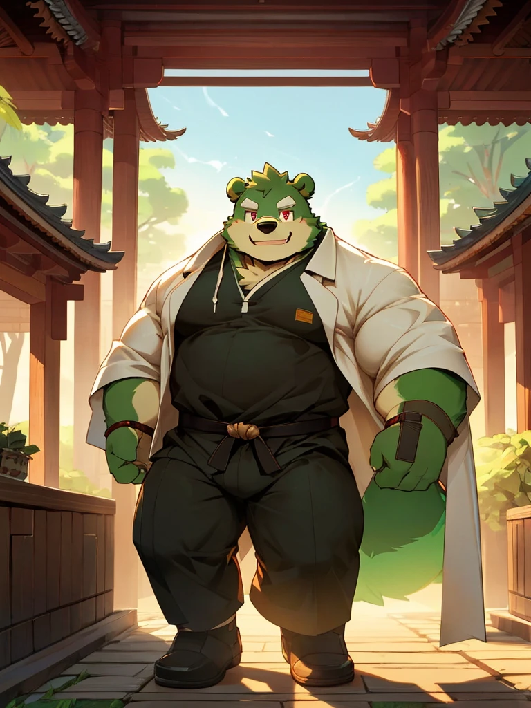{{masterpiece, best quality, extremely detailed CG, unity 8k wallpaper, cinematic lighting}}, traditional Chinese ink painting, full body, ancient architecture, blue sky, sunny day, wooden architecture, prominent protagonist, smile, big eyes, beautiful detailed eyes, masterpiece, high quality, anime, detailed eyes, male jinpei, anthro, bear, Great physique, strong arms manly, Casual suit, (((green bear))), (((green fur))), green hair, beard, white eyebrows, bald, detailed red eyes, tall, Joyful, (black t-shirt inside), (((white unhooded trench coat ))), by zixiong,