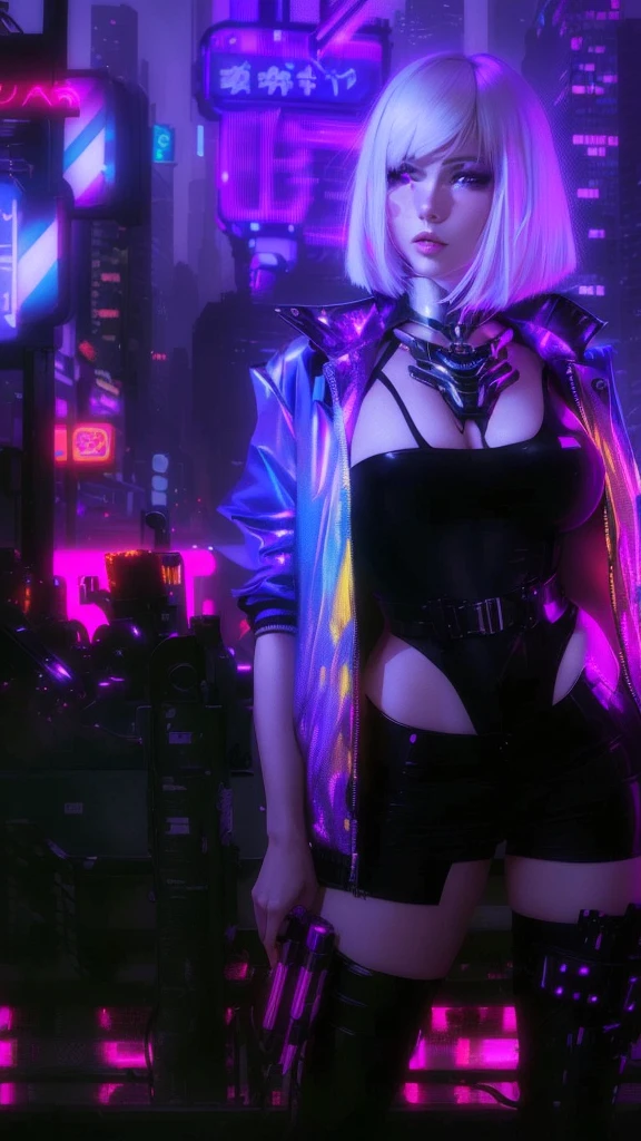 A woman with a platinum blonde bob haircut, standing against a vibrant cityscape backdrop illuminated by neon lights. She wears a black top with a unique symbol on the chest, a colorful jacket, and thigh-high stockings. The city behind her is bustling with tall buildings, and there are various neon signs in different languages, suggesting an international setting. The overall ambiance of the image is futuristic and cyberpunk.