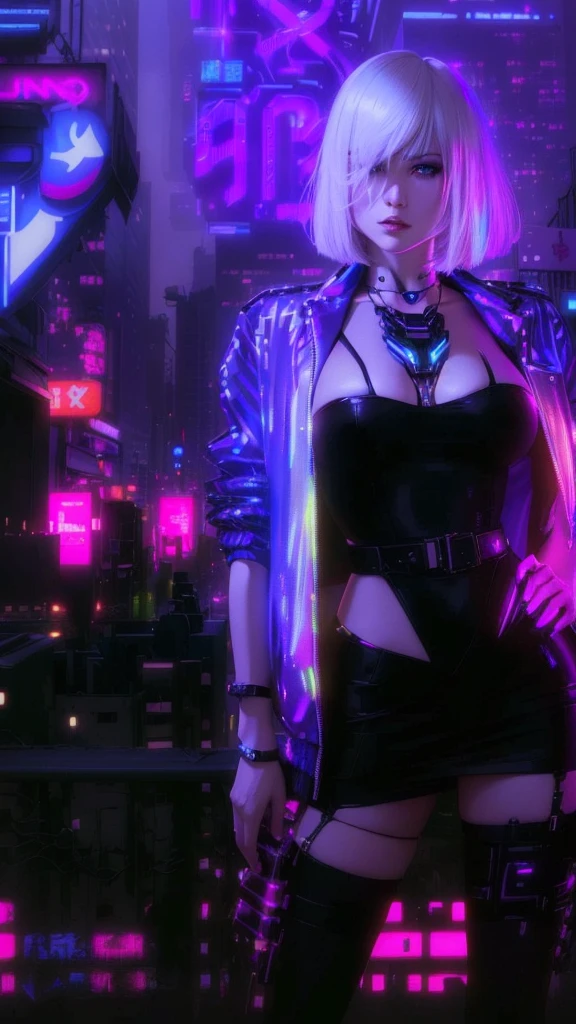 A woman with a platinum blonde bob haircut, standing against a vibrant cityscape backdrop illuminated by neon lights. She wears a black top with a unique symbol on the chest, a colorful jacket, and thigh-high stockings. The city behind her is bustling with tall buildings, and there are various neon signs in different languages, suggesting an international setting. The overall ambiance of the image is futuristic and cyberpunk.