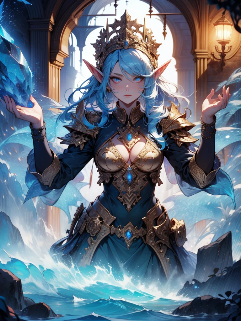 comely, detailded, Masterpiece artwork, Workspace, 8K, 4K, caves, crystallized, Crystal Elf, Woman, Eyes of the ocean, Fantastic, incredible quality, illuminated lighting,