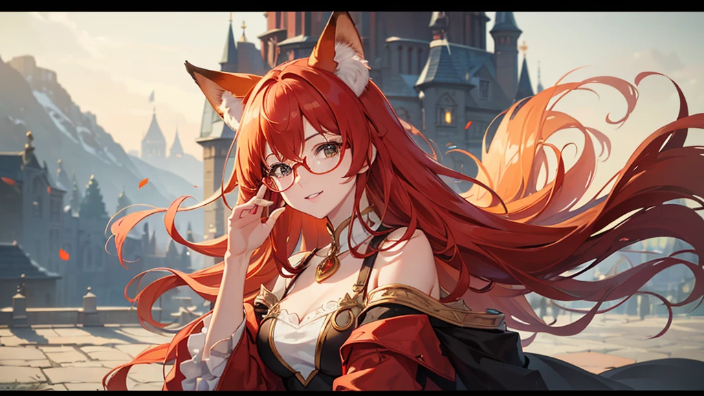 ((Best quality)), ((masterpiece)), (detailed), best quality,8K,original photo,This is a perfect face,Red Fox Maiden,touch fox,Castle Background, Liveliness. Carefree happy joy bokeh background. Quiet aesthetics. Soft lighting. Artistic Lighting. Gold frame glasses