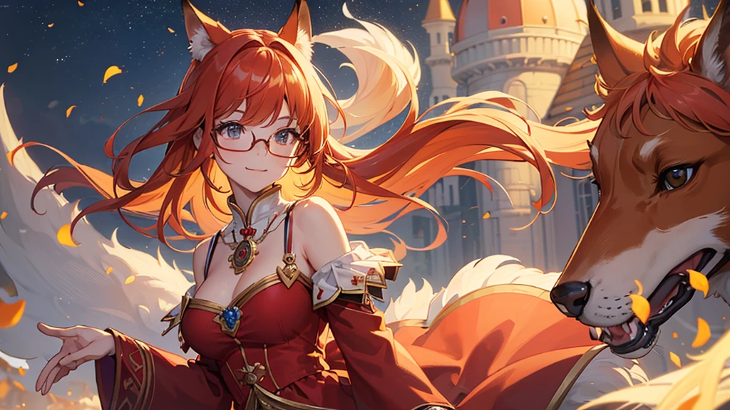 ((Best quality)), ((masterpiece)), (detailed), best quality,8K,original photo,This is a perfect face,Red Fox Maiden,touch fox,Castle Background, Liveliness. Carefree happy joy bokeh background. Quiet aesthetics. Soft lighting. Artistic Lighting. Gold frame glasses