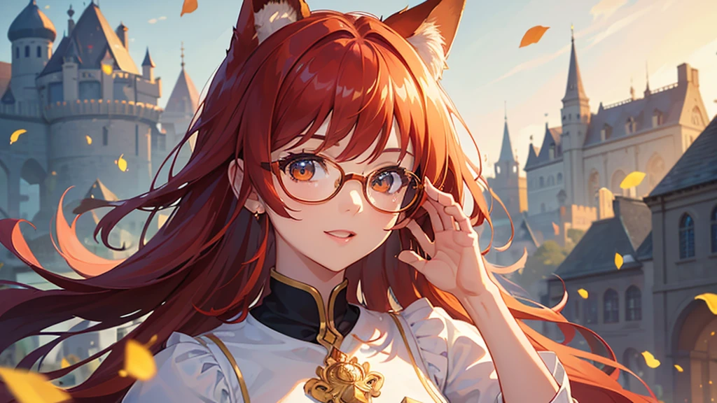 ((Best quality)), ((masterpiece)), (detailed), best quality,8K,original photo,This is a perfect face,Red Fox Maiden,touch fox,Castle Background, Liveliness. Carefree happy joy bokeh background. Quiet aesthetics. Soft lighting. Artistic Lighting. Gold frame glasses