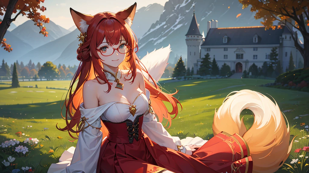 ((Best quality)), ((masterpiece)), (detailed), best quality,8K,original photo,This is a perfect face,Red Fox Maiden,touch fox,Castle Background, Liveliness. Carefree happy joy bokeh background. Quiet aesthetics. Soft lighting. Artistic Lighting. Gold frame glasses