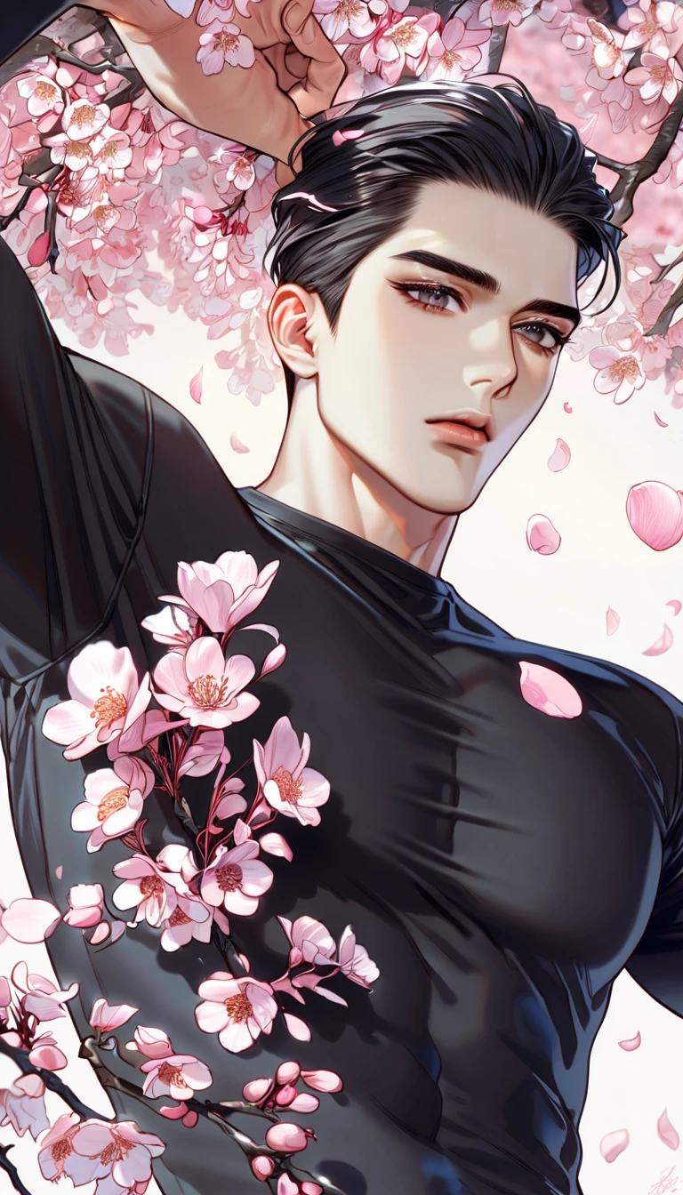 absurdres, highres, ultra detailed, HDR, master piece, best quality, perfect eyes, defined appearance, Joo Jaekyung, black hair, slicked back, ruffled, expressive gray eyes, Jinx, solo, sexy man, handsome, black tight T-shirt, toned chest, blossoms, pink flowers, pink petals