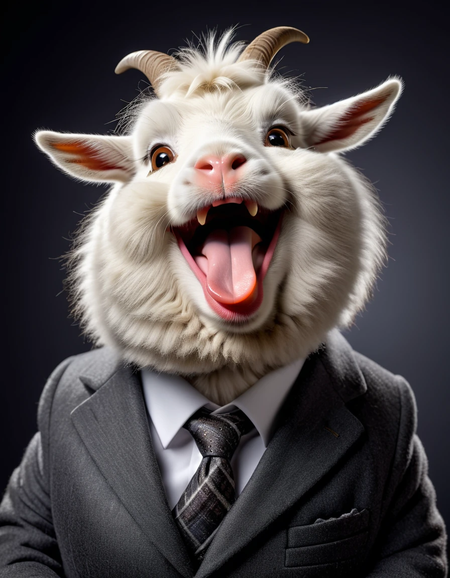 face close up photo of anthropomorphic fat angora goat,(furry), dressed in a dark gray suit, (sticking out tongue:1.5),(happy smile:1.5),(naughty look), roomlighting, Cinematic, hdr, primitive, Intricate, High quality, smoothing tones, Intricate details, Low contrast,(viewed from side above:2.0), (looking up to the side:1.8), simple background