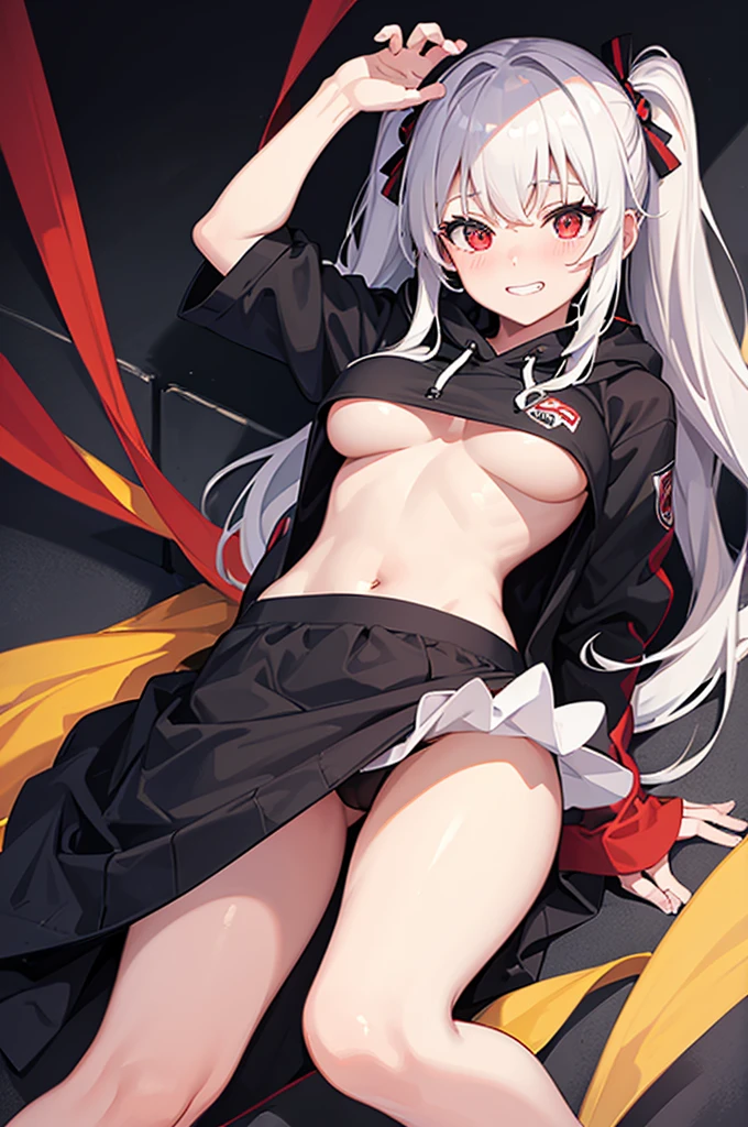 ((Highest quality)), ((masterpiece)), (detailed), One girl, hoodie, Underboob, Twin tails, Looking down, Red eyes, grin, Provocative, blush, View from below, Knee pillow