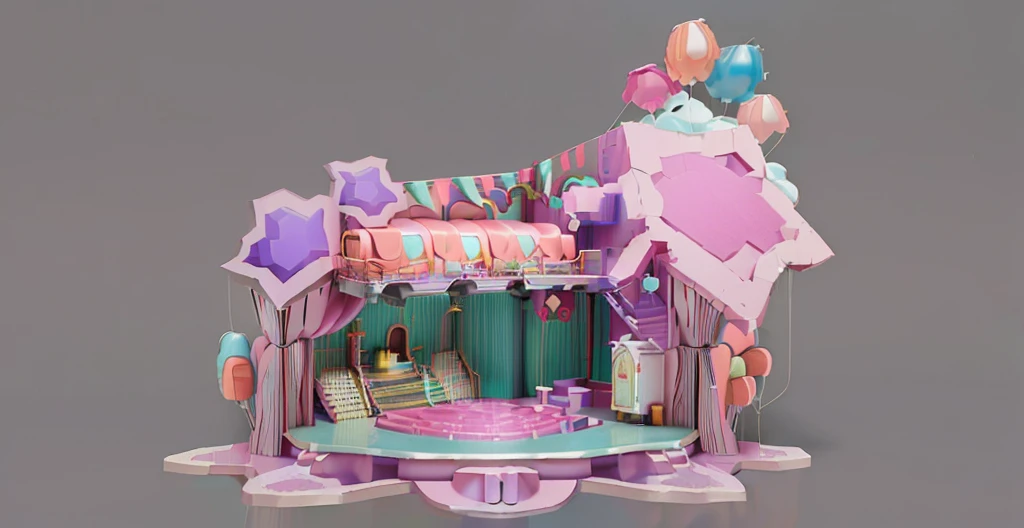 there is a small doll house with a stage and balloons, kawaii hq render, 3 d stylize scene, theater stage, in a candy land style house, 3 d render stylized, 3d magical details, theatre stage, stage, detailed set design, stage background, beautiful render of a fairytale, cute 3 d render, stylized 3d render