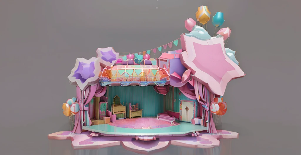 there is a small doll house with a stage and balloons, kawaii hq render, 3 d stylize scene, theater stage, in a candy land style house, 3 d render stylized, 3d magical details, theatre stage, stage, detailed set design, stage background, beautiful render of a fairytale, cute 3 d render, stylized 3d render