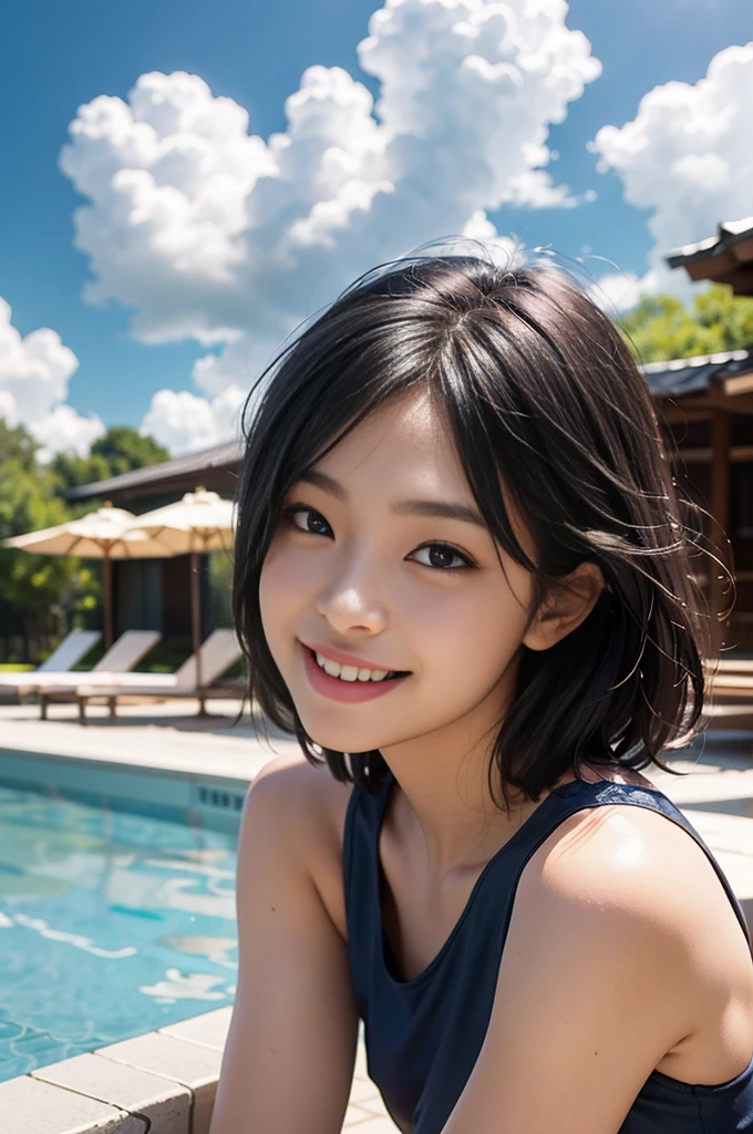 Best image quality、Ultra-high resolution、Tabletop、Photo quality(Realistic:1.8)、pores、Accuracy、Japanese women、、Black-haired、cuteえくぼ、Young Face、cute、Short Bob、Slender girl、Small breasts、 Flat Chest、To the camera、Turn your body forward、Gravure Beautiful Girl、stand、Resort Pool、blue sky、White cloud、Light of the sun、Reflective plate、Navy blue、Swimwear、High leg cut、 Protruding、Laughing with your mouth open、Ecstatic expression、White teeth、Happily、Look straight ahead、