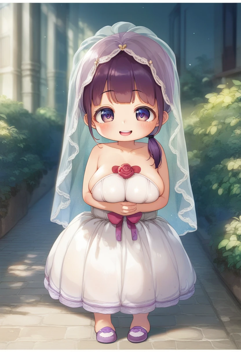 score_9,score_7_up, score_6_up, 1girl, source_cartoon, source_anime,breathtalking Scenery,watercolor,smooth soft skin, natural skin,watercolor,rating_safe
BREAK
((solo)),(loli:1.9),( female child:(oppai loli:1.5), (large breasts:1.3),(disproportionate breasts:1.5),(loli toddle1.4),ini girl:1.3),(4 yo:1.3),(Toddler body:1.4),(muffin top:0.8),(preschooler:1.1:1.1),(baby face),round face,wiBREAK
(low ponytail:1.7),(reddish purple hair:1.7),(highlight on eyes:1.1),(purple eyes:1.1),diagonal bangs,(smug face:1.2),doyagao,open mouth, ultra cute face,kawaii,skindantation,oily skin,smile,beautiful eyes, detailed eyes,happy,puffy eyes,
BREAK
(breasts covering wedding dress),(berline wedding dress:1.3),(silk veil:1.3),high heel,silk cape,(blush:0.8),organza ribbon,kawaii pattern,
BREAK
Walking through the pedestrian-friendly lanes, we were surrounded by an explosion of emerald greenery that seemed to breathe life into the city