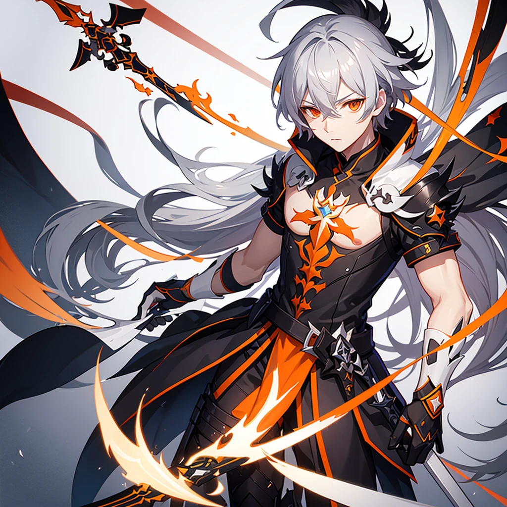 Male character from Honkai Star Rail gray hair and orange eyes with sword and black clothes