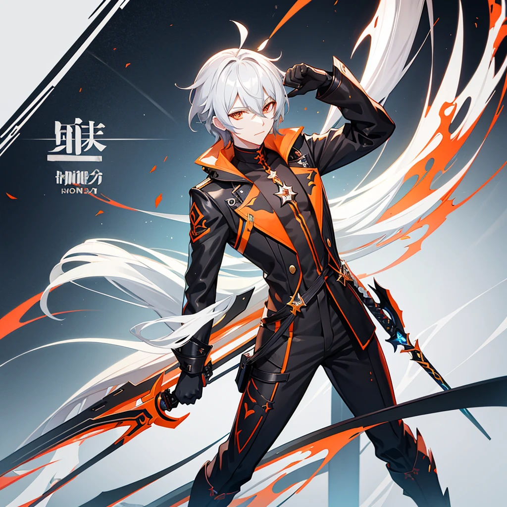 Male character from Honkai Star Rail gray hair and orange eyes with sword and black clothes