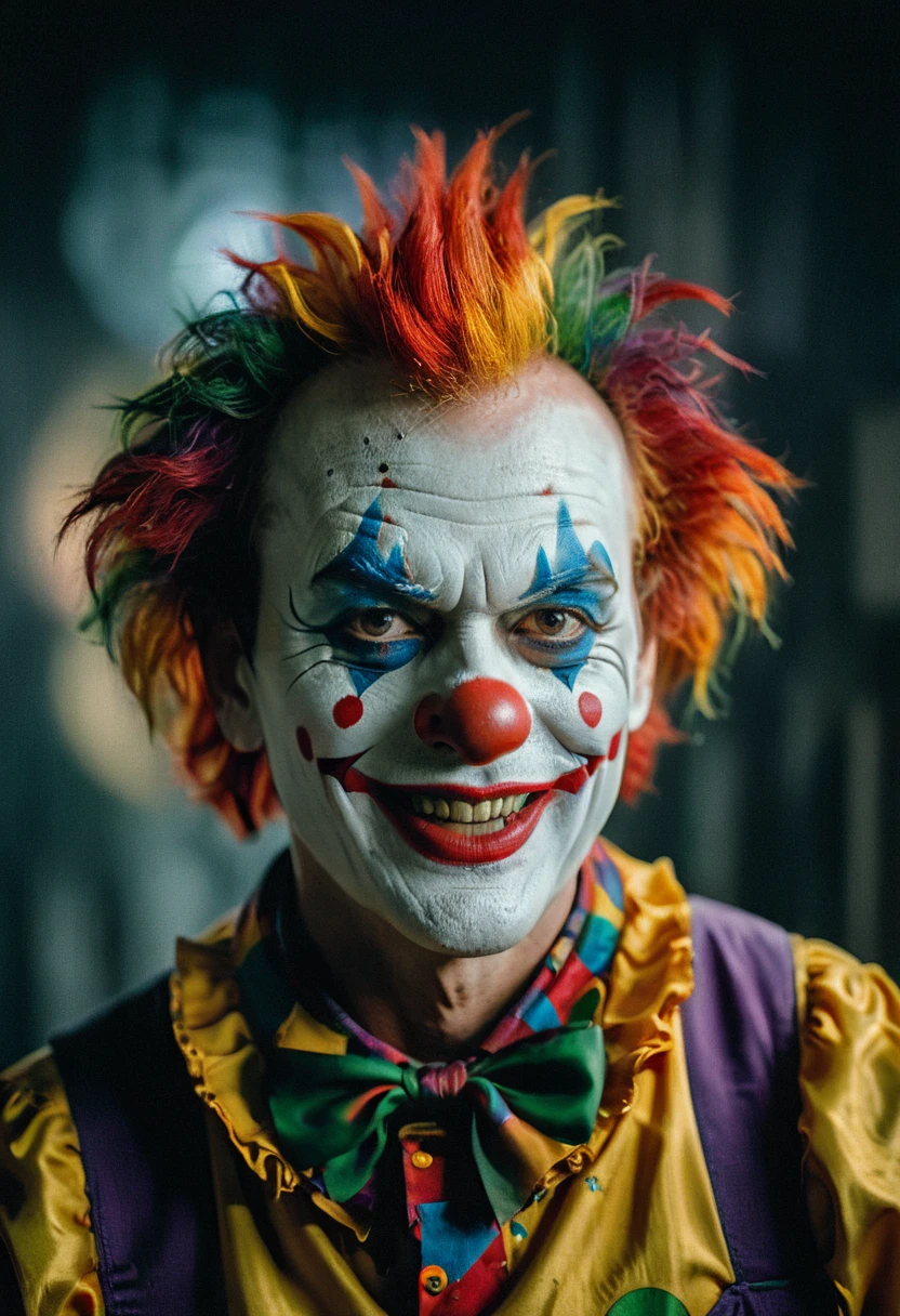 Clown, complex background, posessed smile demonic, Dramatic light, Portrait, Beautiful, Cinematic, Masterpiece, half body portrait, dramatic shadow evocative og film noise, half body portrait, cinematic, movie still, captured in the style of Sony Alpha A7 III camera