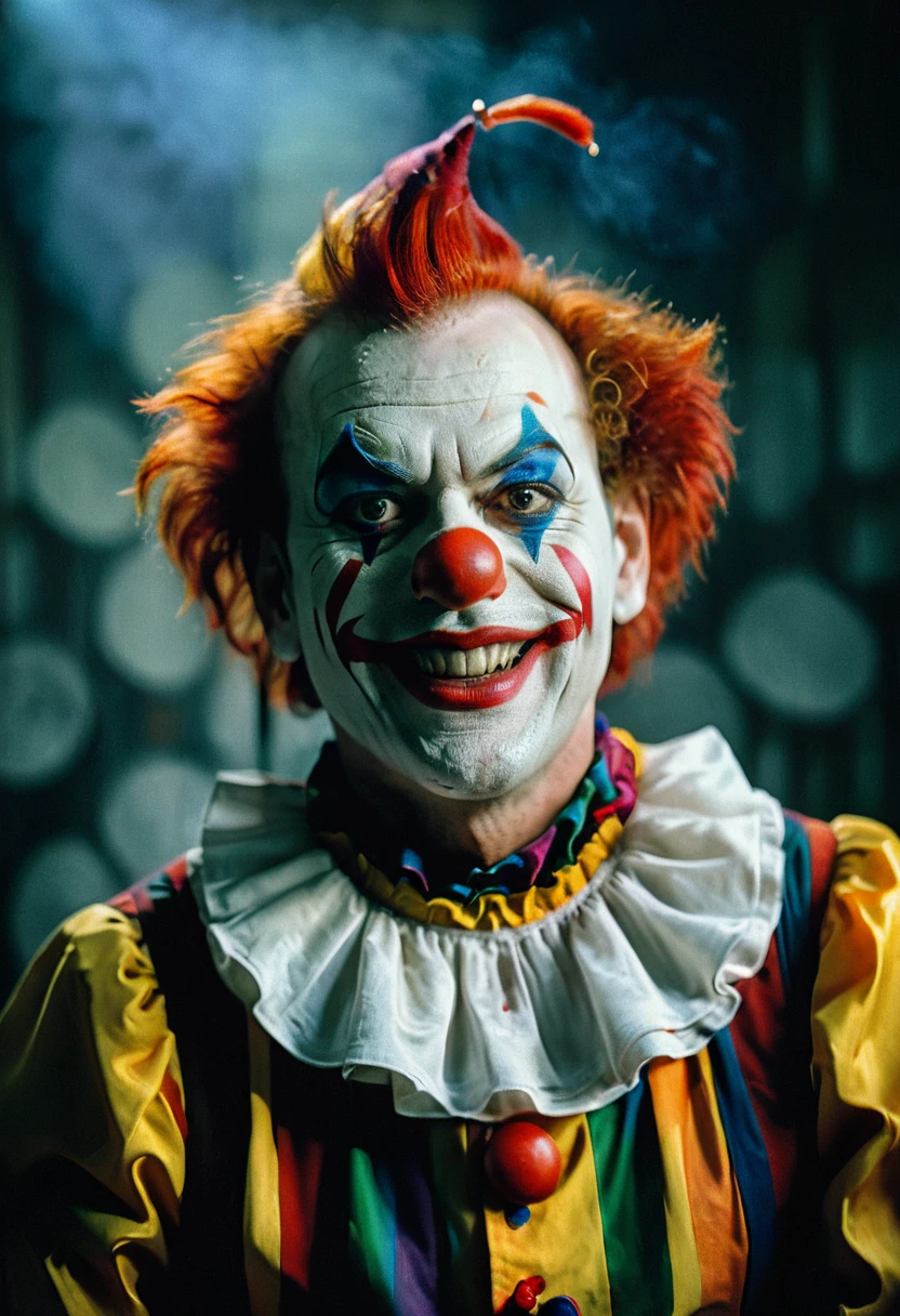 Clown, complex background, posessed smile demonic, Dramatic light, Portrait, Beautiful, Cinematic, Masterpiece, half body portrait, dramatic shadow evocative analog film noise, half body portrait, cinematic, movie still, captured in the style of Sony Alpha A7 III camera