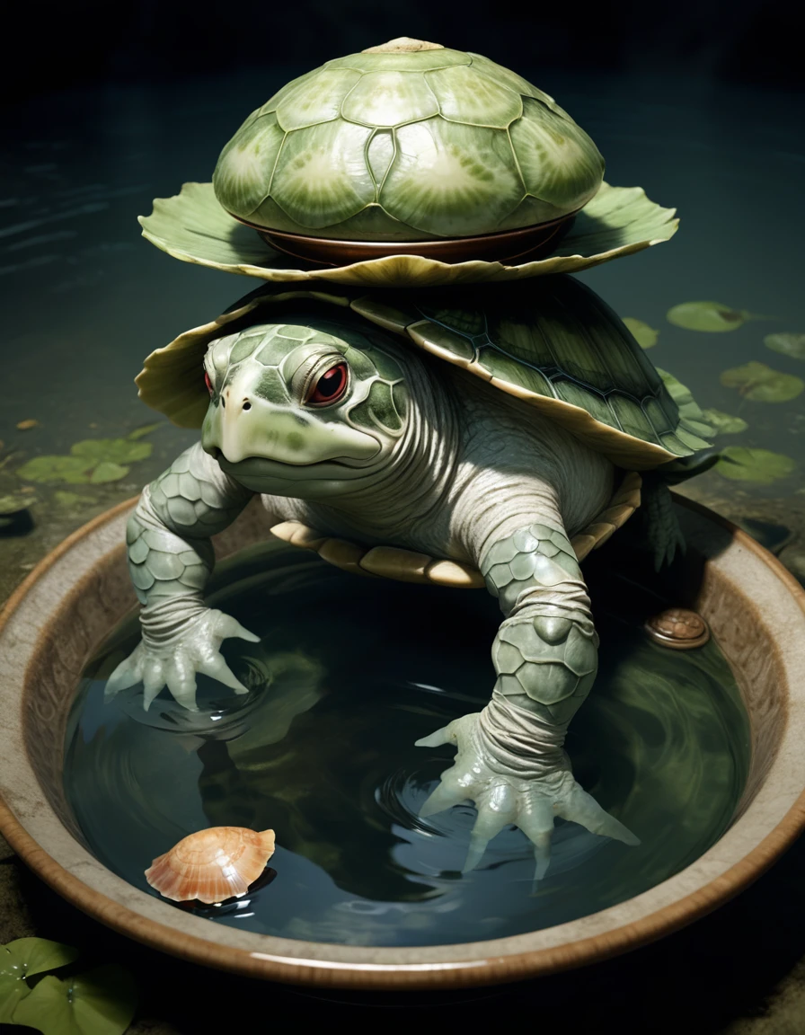 Kappa: "Create a hyper-realistic and high-definition image of a Kappa, a water-dwelling creature from Japanese folklore, with a humanoid body, a turtle-like shell, and a water-filled dish on its head."