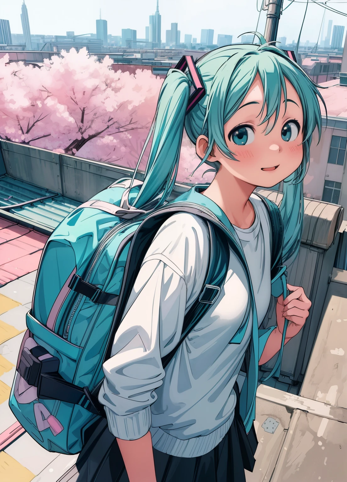 (masterpiece、Highest quality、Highest quality、Official Art、Beautiful and beautiful:1.2)、(One girl:1.3)Hatsune Miku、Twin tails,Beautiful breasts,Standing on the roof,Girl with backpack on rooftop,My backpack is full of happy spring,Simple lines,Minimalism,Abstraction,Urban Background