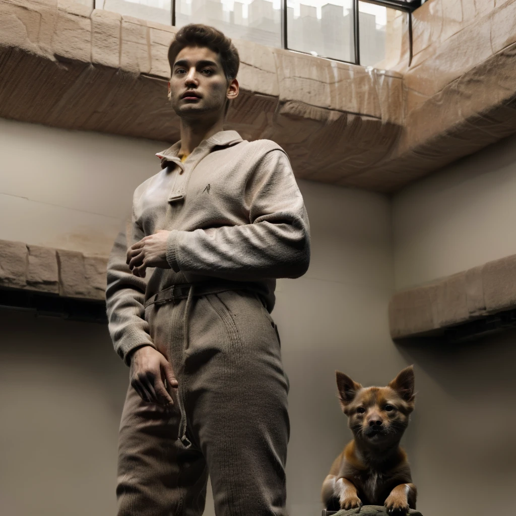 A male protagonist with pets looks up from the large floor-to-ceiling windows of a super-tall skyscraper