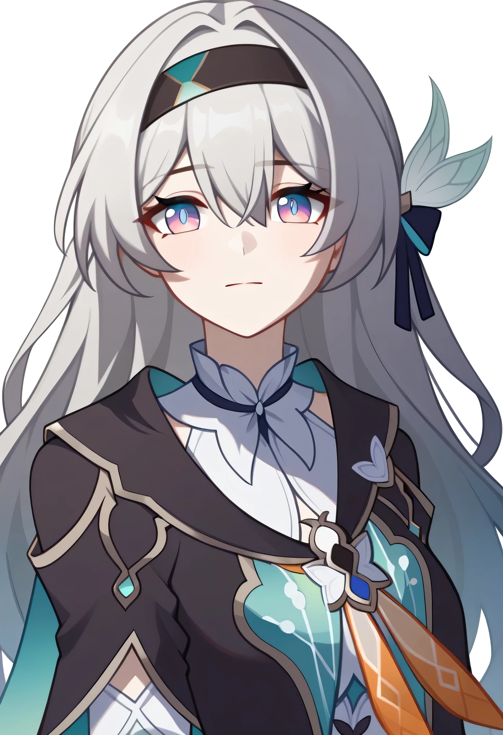 firefly_\(honkai:_star_rail\), 1girl, black_hairband, grey_hair, long_hair, purple_eyes, black_jacket, long_sleeves, hair_between_eyes, white_shirt, very_long_hair