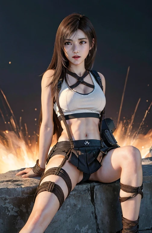 (Highest quality, 4K, masterpiece: 1.1), (Realistic: 1.3), break (((FF7,Tifa_rockhart))),(Arms tied:1.3), (Foot binding:1.3),( Field, bondage:1.3),(shibari :1.5),(rock:1.3),(Dark Room, A nearly unlit torture chamber:1.3),(Spread your legs:1.3),(Spread your legs:1.3), fear, rock骨, Between the legs,rock, Strap Off), break (((FF7,Tifa_rockhart))),(Light brown hair, Large Breasts: 1.2),tears, (wearing a Tifa_rockhart uniform:1.3, suspenders, Low rise, mini skirt, Tank top),Dressed, break (((FF7,Tifa_rockhart))), break (No bra) (No pants) (Small beautiful hard nipples), Dressed, Wet Hair, Around 18 years old,Sensual, break ((stringy viscous liquid)),Severe pain:1.3 ,Intense cry:1.3,Painful expression:1.3,(throw:1.3),(((Losing virginity)))