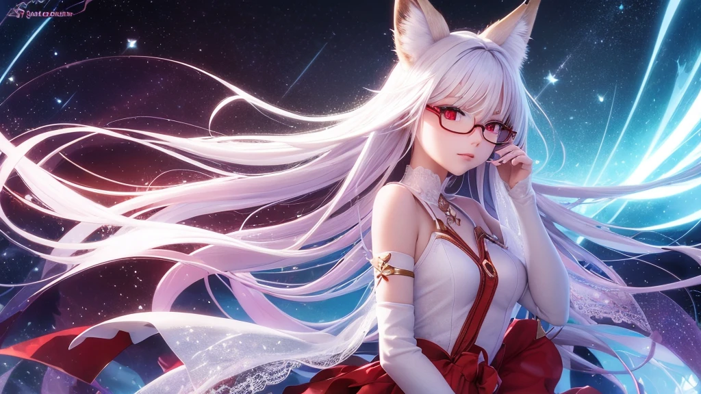 best quality, 8K, original photo, Ridiculous, Extremely detailed, Fox-eared maiden,baby face, No makeup, Provocative expressions,slim, Perfect proportion, White straight hair, (wind, wind-effect), Red Eyes, Various visual styles for backgrounds,combines various artistic elements,like a sparkling iridescent rainbow,Fox tail,Lace dress,wearing glasses