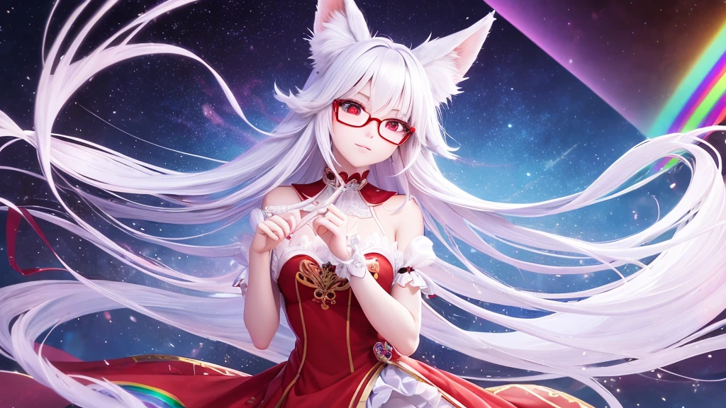 best quality, 8K, original photo, Ridiculous, Extremely detailed, Fox-eared maiden，, No makeup, Provocative expressions，slim, Perfect proportion, White straight hair, (wind, wind-effect), Red Eyes, Various visual styles for backgrounds，combines various artistic elements，like a sparkling iridescent rainbow，Fox tail，Lace dress，wearing glasses