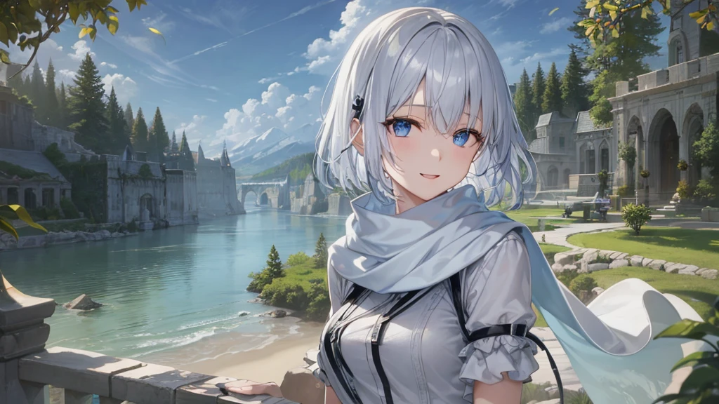 Her eyes were shining、Mysterious and enchanting atmosphere。With AI Painting、とてもShort Hair, Long bangs between the eyes, Grey Eyes , Very detailed,(masterpiece、Highest quality)、alone、Gray Hair、Fantasy, Silver Hair, Beautiful Eyes,Ecstasy, charm, attract the audience, Fantasyな風景、White shirt、smile、Open your mouth、Scarf、short hair、Short Hair、hairpin、Dark Eyes、Anime Eyes、Beautiful eyes、Eyes written in detail