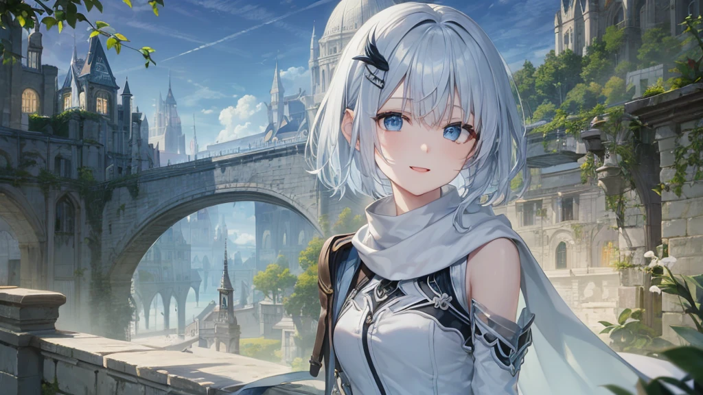 Her eyes were shining、Mysterious and enchanting atmosphere。With AI Painting、とてもShort Hair, Long bangs between the eyes, Grey Eyes , Very detailed,(masterpiece、Highest quality)、alone、Gray Hair、Fantasy, Silver Hair, Beautiful Eyes,Ecstasy, charm, attract the audience, Fantasyな風景、White shirt、smile、Open your mouth、Scarf、short hair、Short Hair、hairpin、Dark Eyes、Anime Eyes、Beautiful eyes、Eyes written in detail