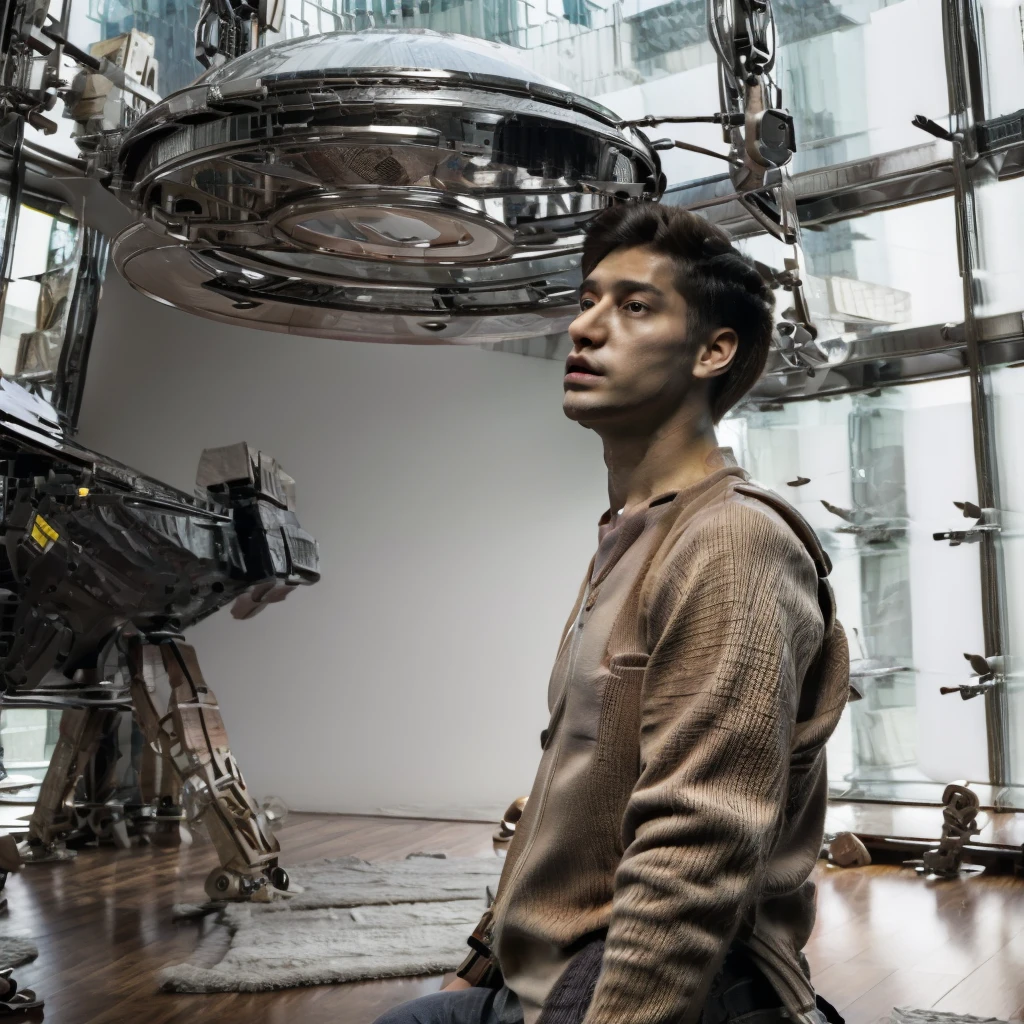 A male protagonist looks up from the large floor-to-ceiling windows of a super-tall skyscraper,Seeing the city of the future outside