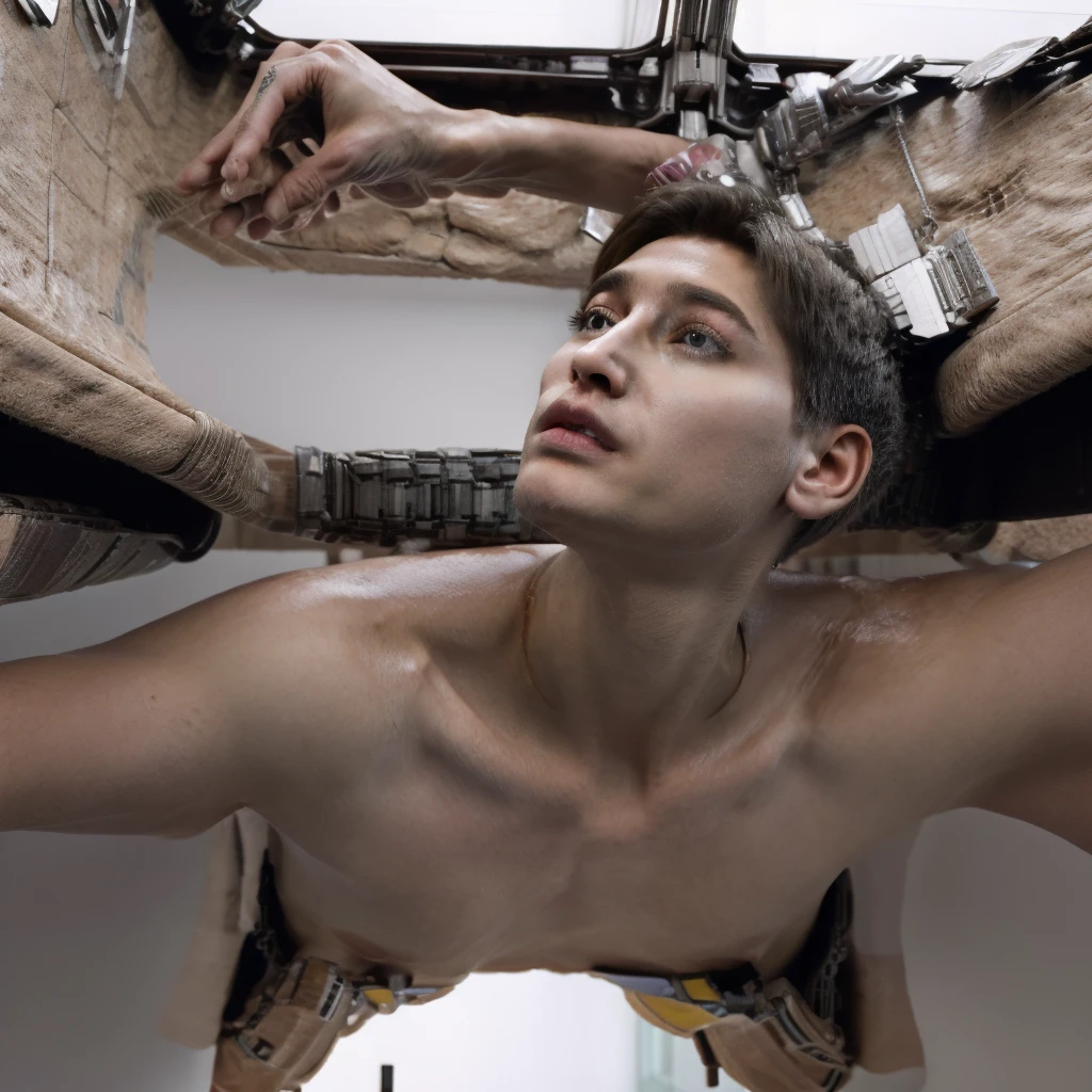 A male protagonist looks up from the large floor-to-ceiling windows of a super-tall skyscraper，Seeing the city of the future outside