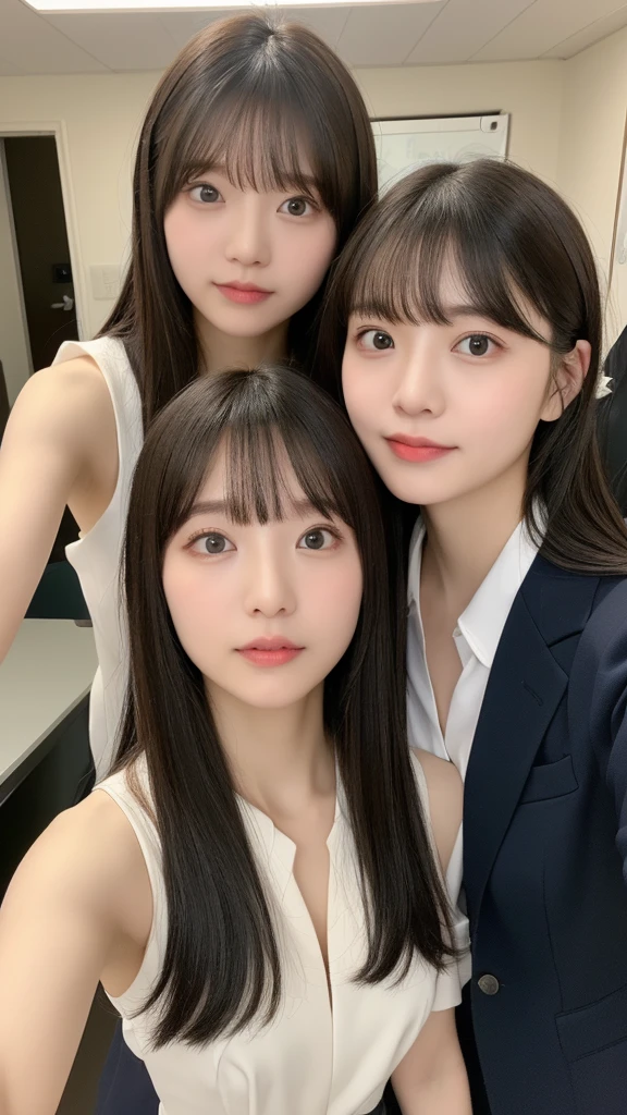 ((top-quality、8K、​masterpiece:1.5))、One girl、(Unhealthy face)、(Letter to)、Blunt bangs、(Lots of bangs:1.4)、(full body Esbian:1.4)、(Symmetrical face)、hyperdetailed face、Ultra detailed mouth、A detailed eye、Detailed ears、Slim Faces、(selfee:1.4)、(off shoulders)、(Armpit)、(Looking Up)、(From  above)、(Straight long hair、Ahoge:1.3)、(Upper Eyes)、the background is blurred、(formal suit:1.3)、lipgloss、(s Office)、(natural soft light:1.3)、
