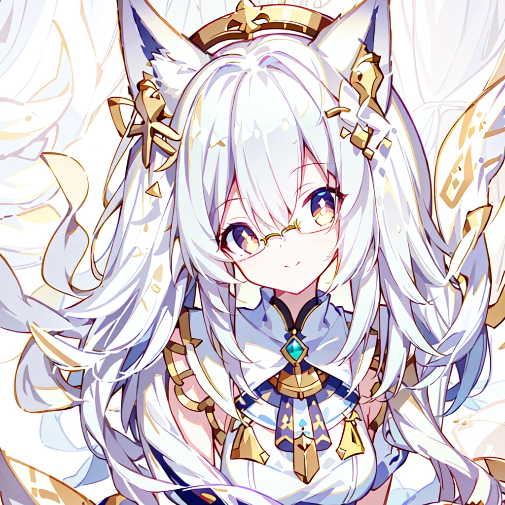 ((Best quality)), ((masterpiece)), (detailed), best quality,8K,original photo,White Fox Girl,touch fox,Castle Background, Liveliness. Carefree happy joy bokeh background. Quiet aesthetics. Soft lighting. Artistic Lighting. Gold frame glasses