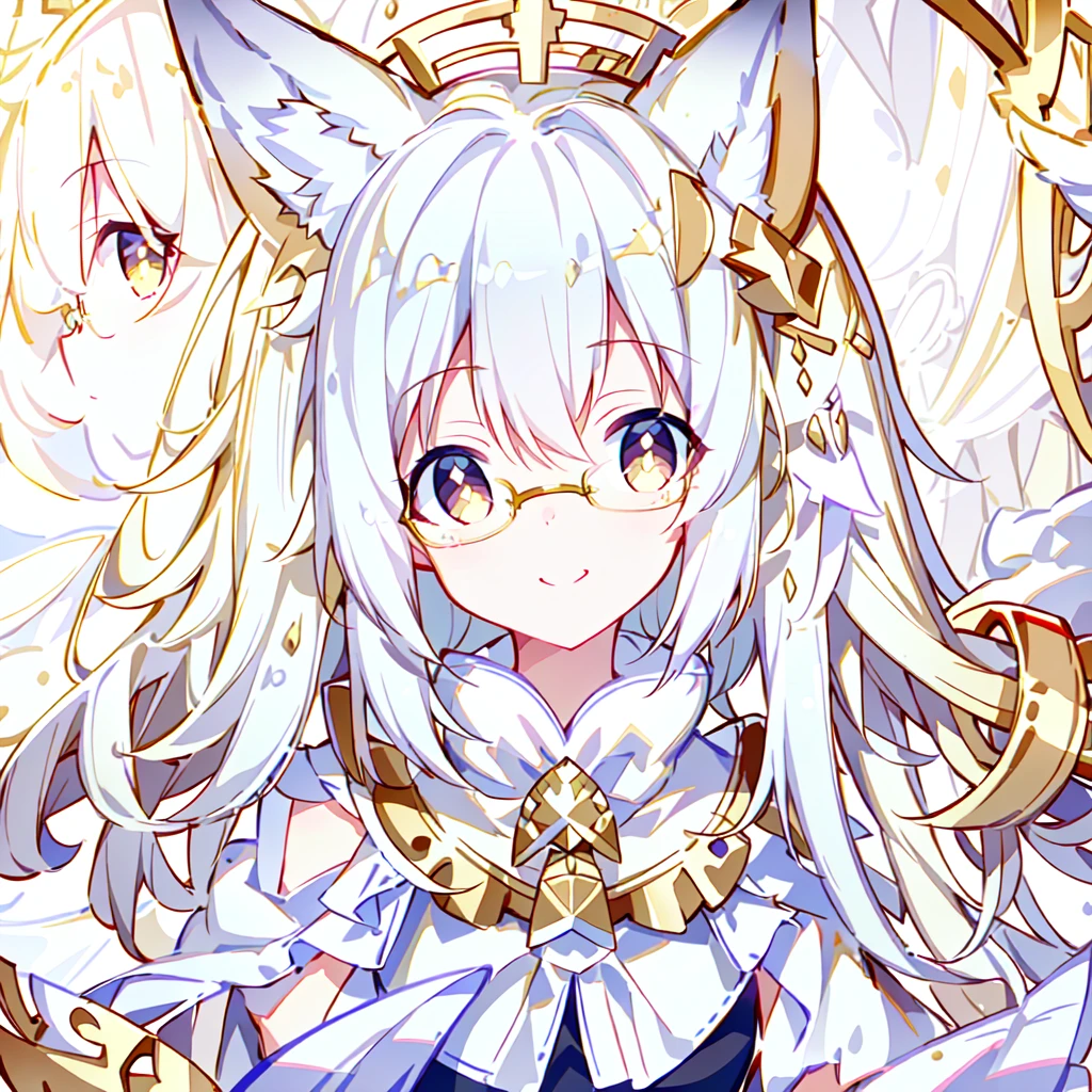 ((Best quality)), ((masterpiece)), (detailed), best quality,8K,original photo,White Fox Girl,touch fox,Castle Background, Liveliness. Carefree happy joy bokeh background. Quiet aesthetics. Soft lighting. Artistic Lighting. Gold frame glasses