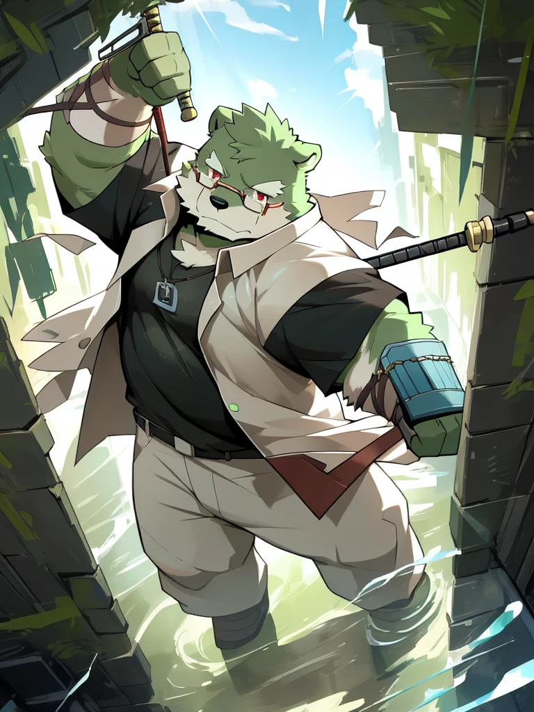 New Jersey 5 Hairy, masterpiece, high quality, anime, detailed eyes, male kosutora, anthro, tiger, Great physique, strong arms manly, (((green bear))), (((green fur))), green hair, beard, white eyebrows, bald, detailed red eyes, tall, Joyful, (black t-shirt inside), (((white unhooded trench coat ))), by zixiong, katana, glasses, action pose, taser gun, mage staff,