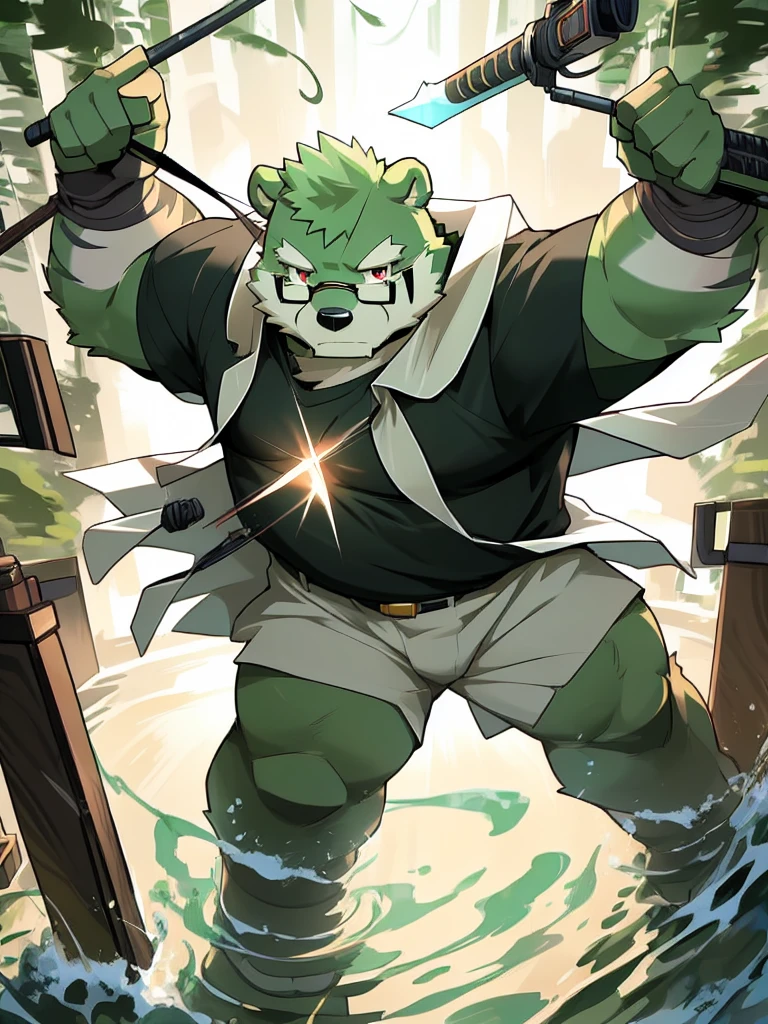 New Jersey 5 Hairy, masterpiece, high quality, anime, detailed eyes, male kosutora, anthro, tiger, Great physique, strong arms manly, (((green bear))), (((green fur))), green hair, beard, white eyebrows, bald, detailed red eyes, tall, Joyful, (black t-shirt inside), (((white unhooded trench coat ))), by zixiong, katana, glasses, action pose, taser gun, mage staff,