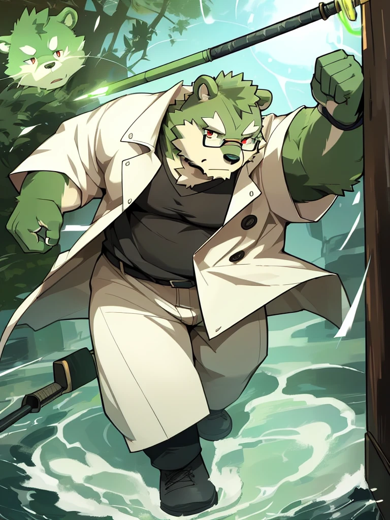 New Jersey 5 Hairy, masterpiece, high quality, anime, detailed eyes, male kosutora, anthro, tiger, Great physique, strong arms manly, (((green bear))), (((green fur))), green hair, beard, white eyebrows, bald, detailed red eyes, tall, Joyful, (black t-shirt inside), (((white unhooded trench coat ))), by zixiong, katana, glasses, action pose, taser gun, mage staff,