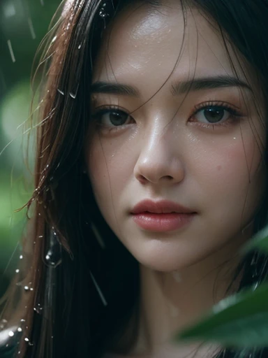 a close up of a woman in the rain with leaves, a photorealistic painting by david rubín, tumblr, photorealism, raining portrait, rain drops on face, soft portrait shot 8 k, rainy wet, 8 k movie still, highly detailed vfx portrait, green rain, like tears in rain time to die, 8 k film still, close up portrait shot